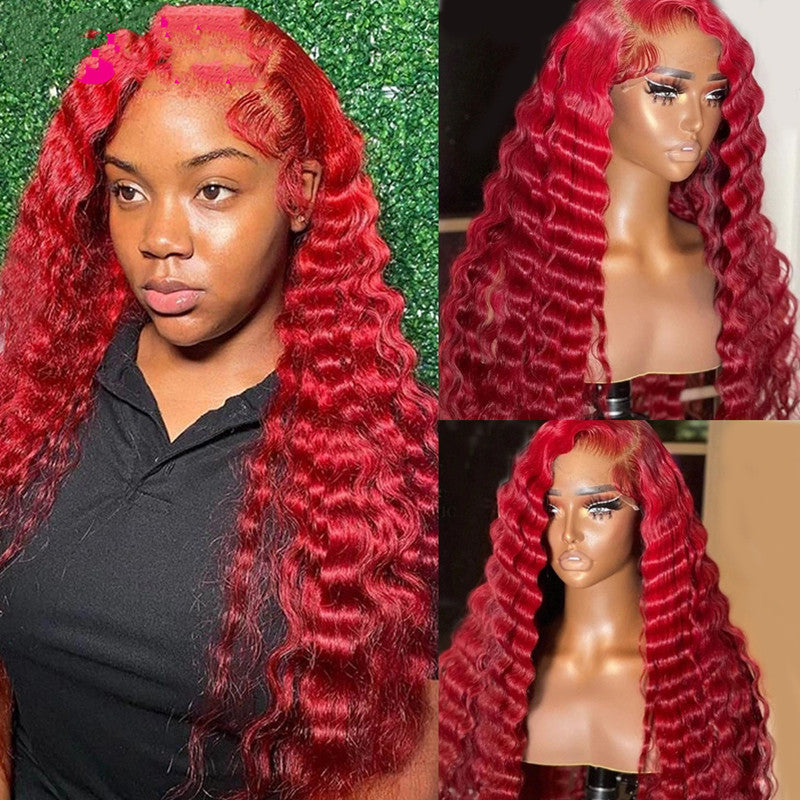 Vibrant Cherry Red Deep Wave Human Hair Wig - T-Part Lace Closure Wig