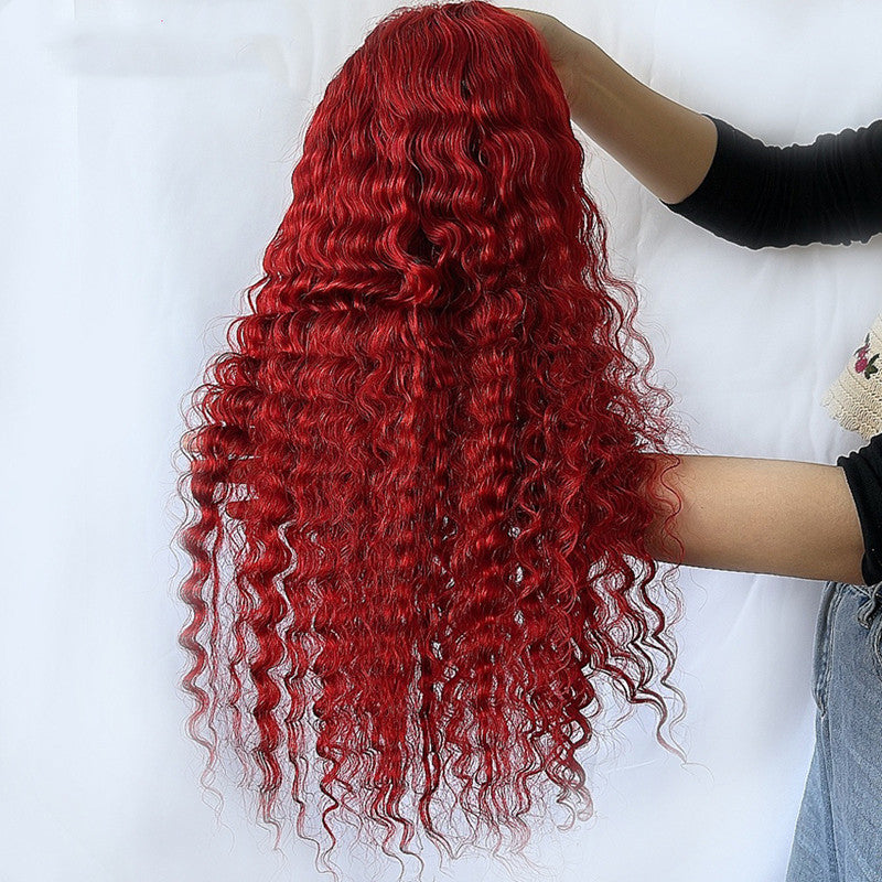 Vibrant Cherry Red Deep Wave Human Hair Wig - T-Part Lace Closure Wig