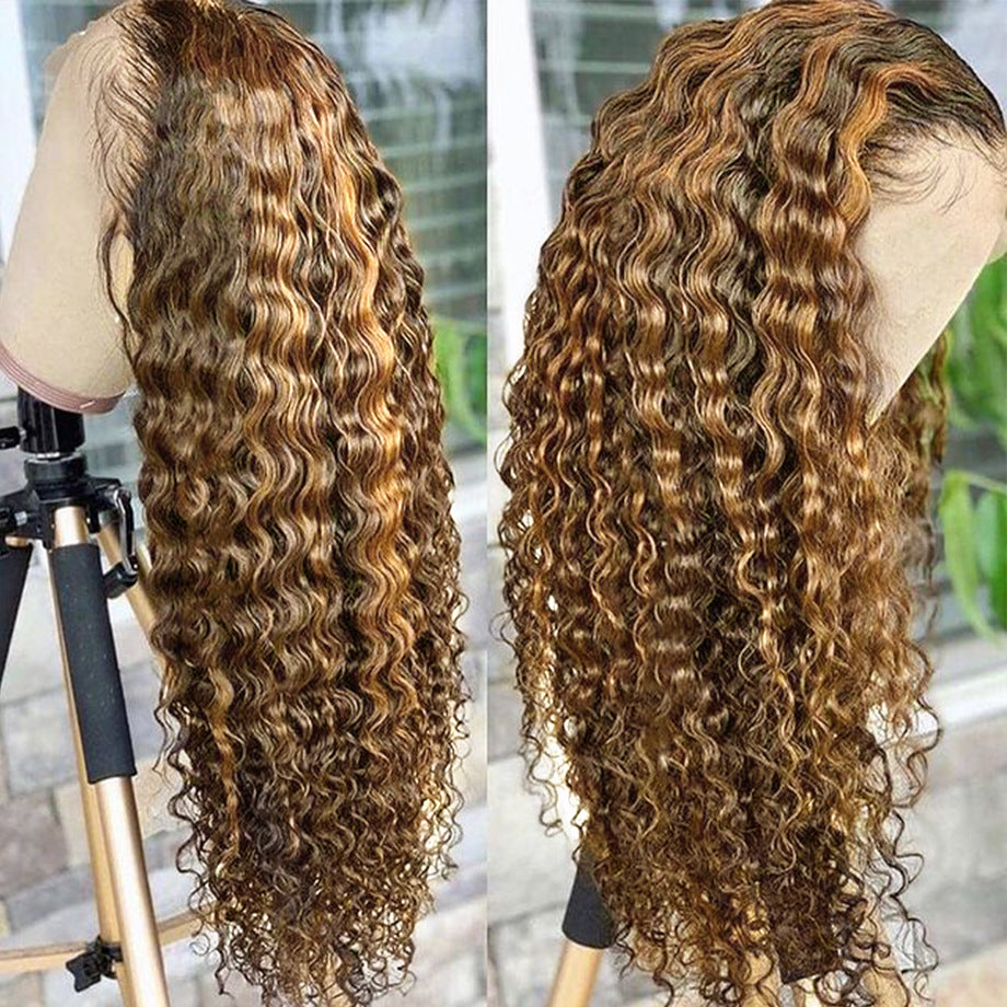Highlighted Curly Lace Front Human Hair Wig - Brown & Blonde Balayage Curls