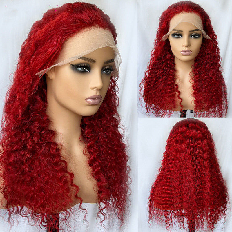Vibrant Cherry Red Deep Wave Human Hair Wig - T-Part Lace Closure Wig